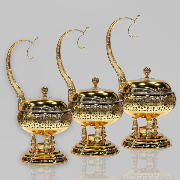 3 Pcs Chafing Dish Full Gold MALAKI - Premium Chafing Dishes from Alam Al Awane - Just AED980.00! Shop now at alamalawane